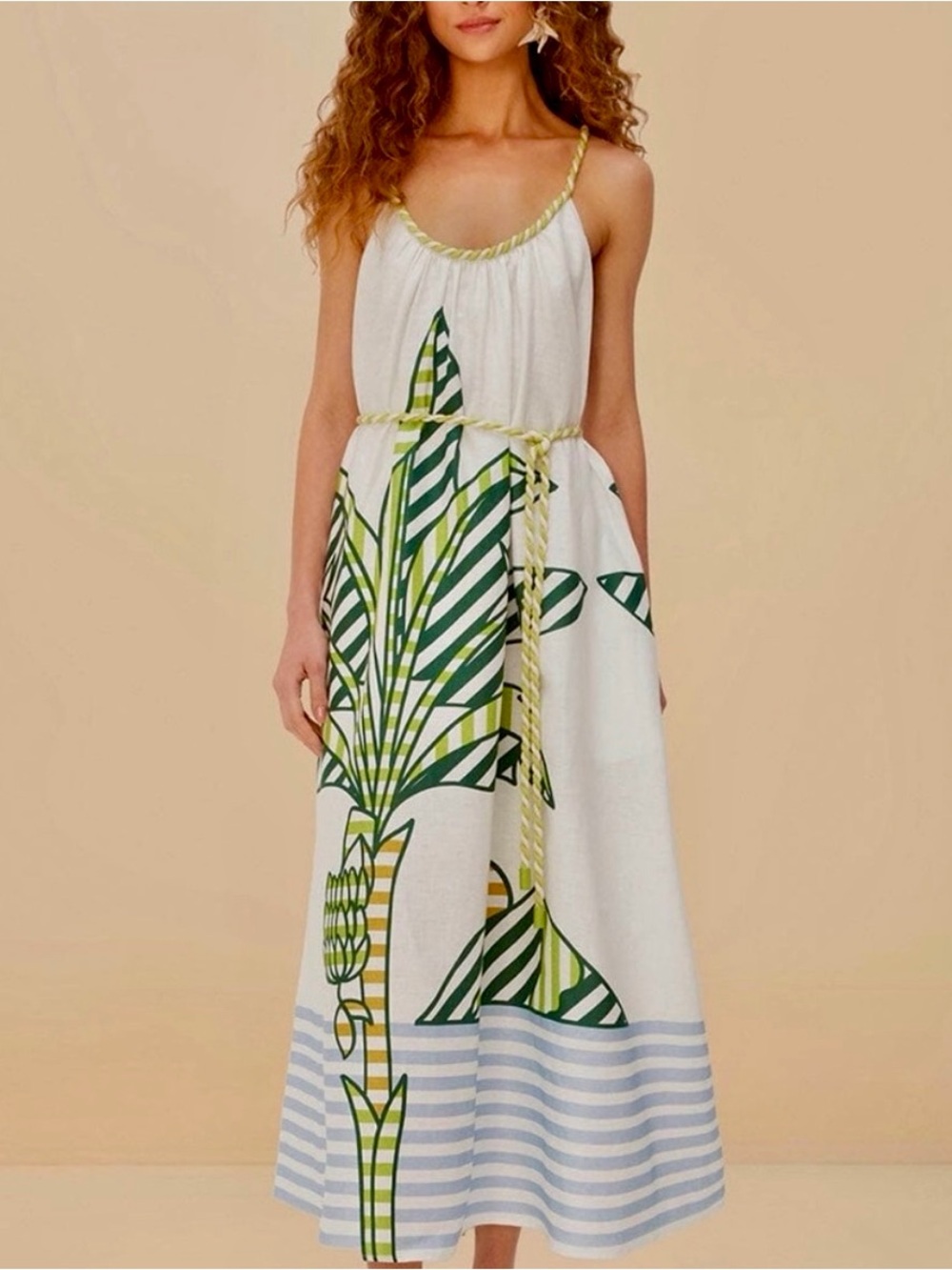 Farm Rio White & Green Banana Leaf Print Maxi Dress with Rope Belt xxs